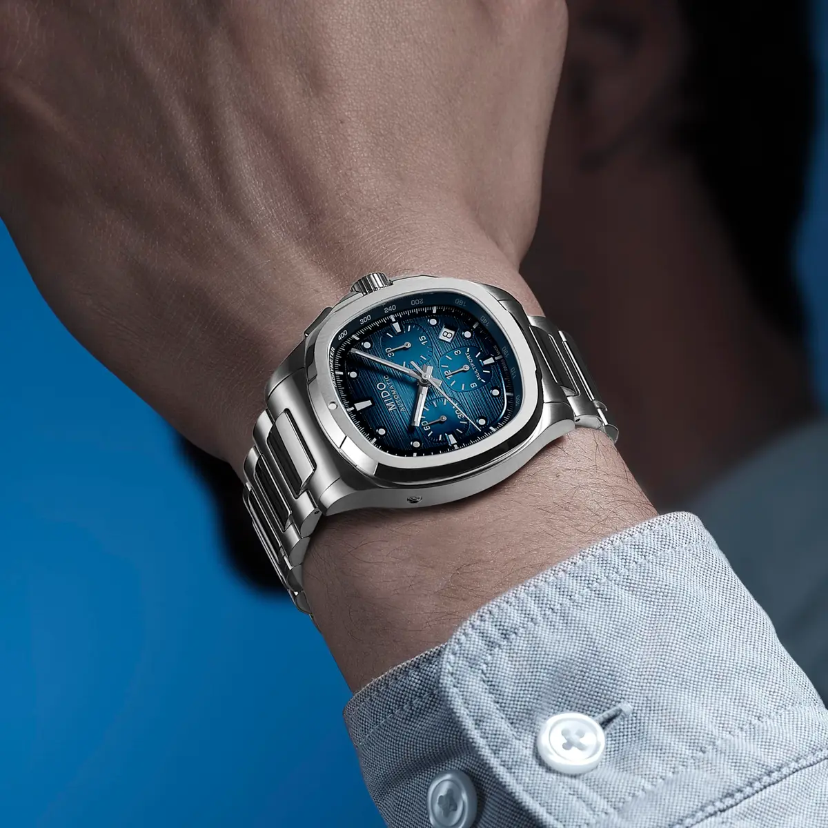 MIDO Multifort TV Chronograph Swiss Automatic Watch for Men | Blue Dial, 41.2x42mm Stainless Steel Case & Bracelet - view 4