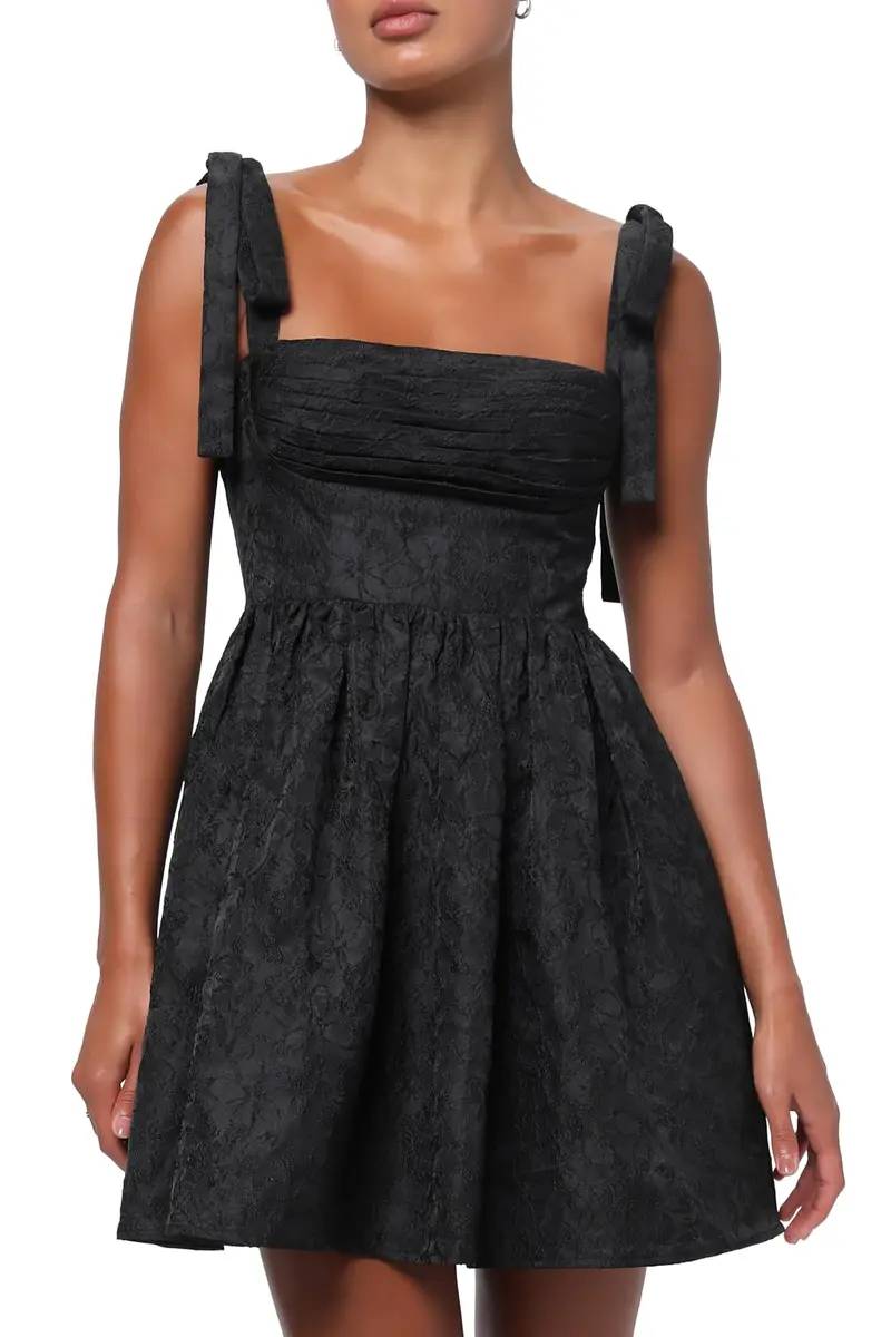 Lulus Sydney Women's Cocktail Mini Dress, Black, Medium | Floral Jacquard, Fitted Waist, Flirty Skater Length - main product image