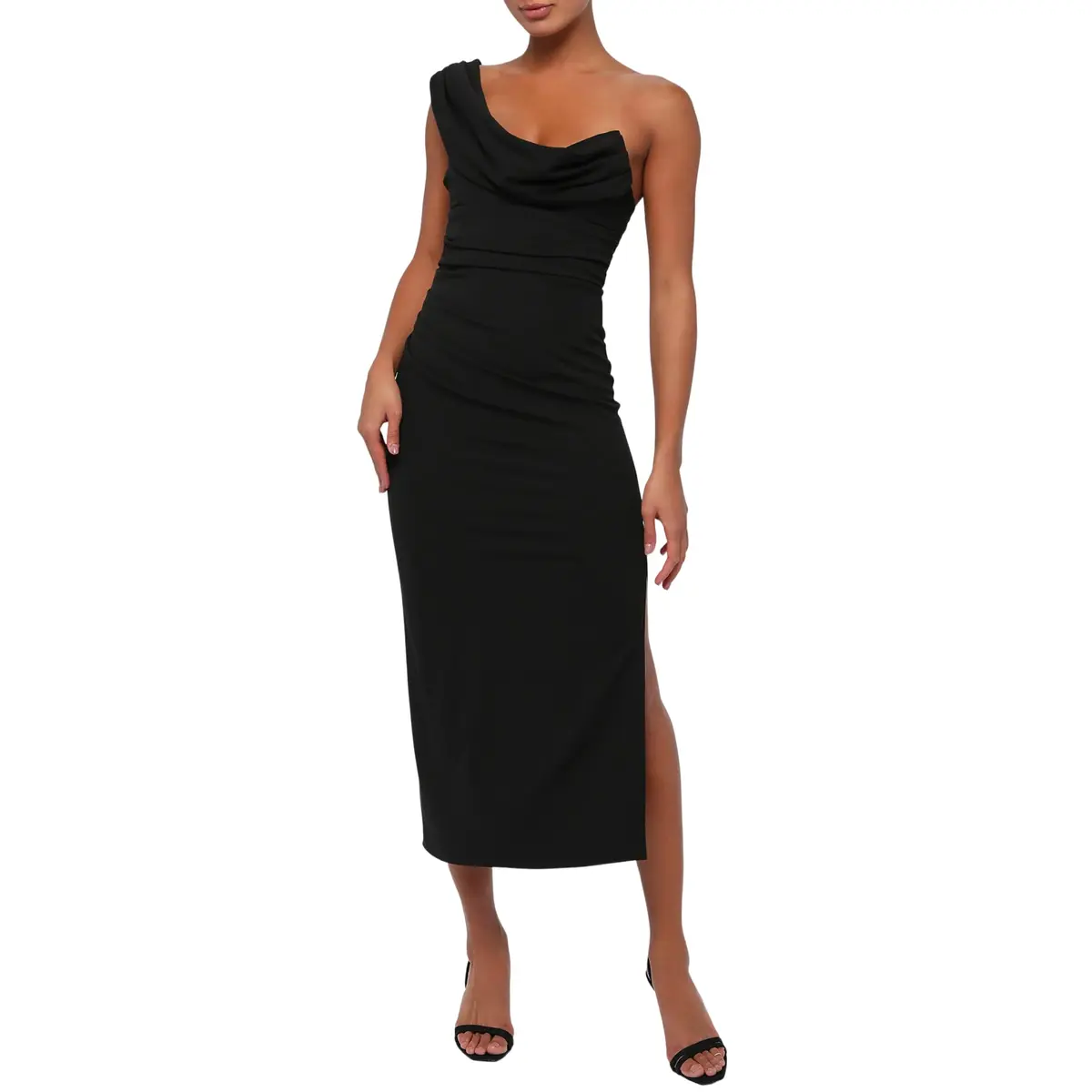 Lulus Scarlett Crepe Women's Cocktail Midi Dress, Black, Large | Elegant asymmetrical one-shoulder silhouette - main product image