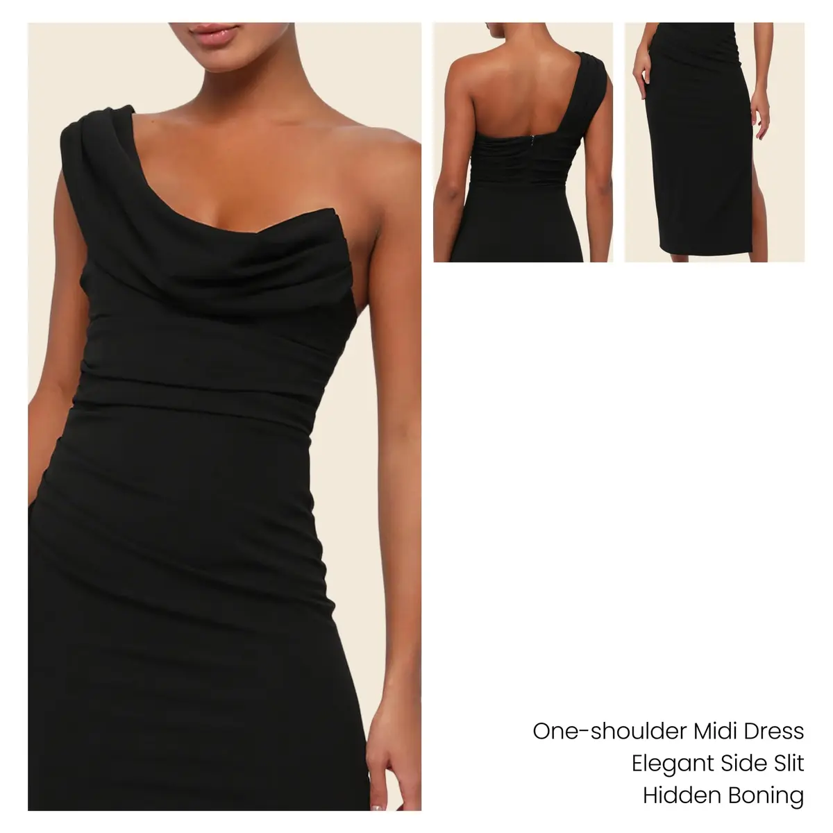 Lulus Scarlett Crepe Women's Cocktail Midi Dress, Black, Large | Elegant asymmetrical one-shoulder silhouette - view 2