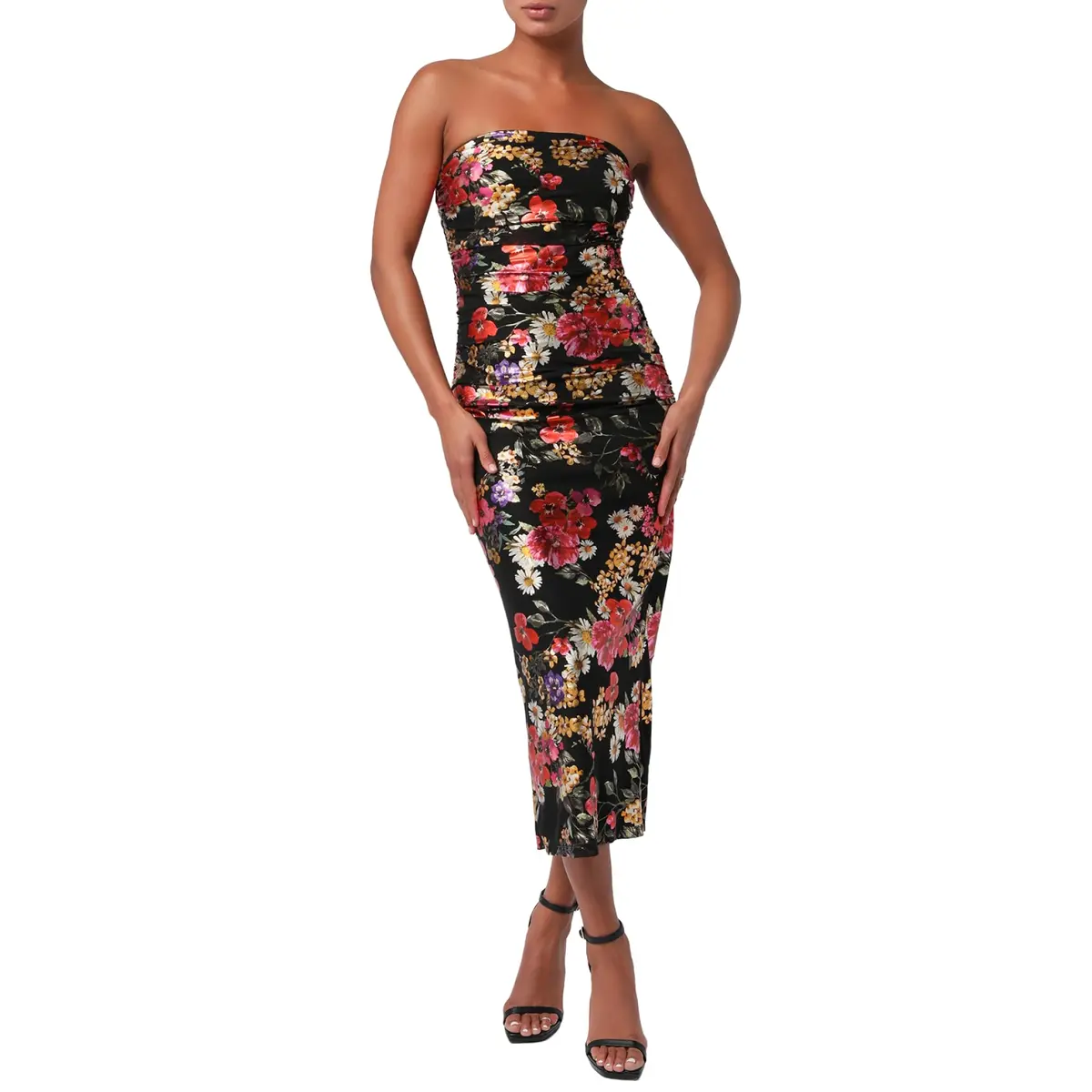 Lulus Pixie Sequin Chiffon Women's Cocktail Midi Dress, Black Floral, Large | Elegant Flare for Evening Events - main product image