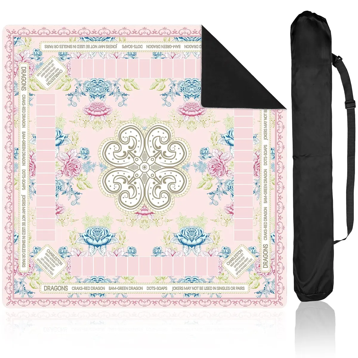 party greeting Chinoiserie Mahjong Mat with Black Carrying Bag 31.5 x 31.5 in | Multi Purpose Game Table Cover - main product image