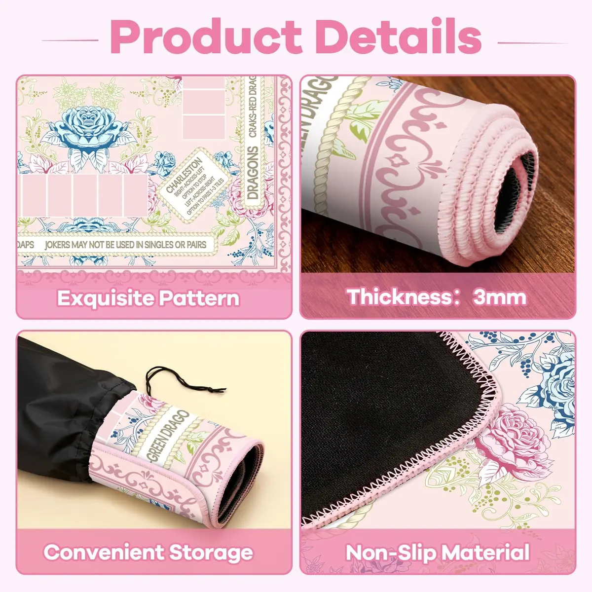 party greeting Chinoiserie Mahjong Mat with Black Carrying Bag 31.5 x 31.5 in | Multi Purpose Game Table Cover - view 3
