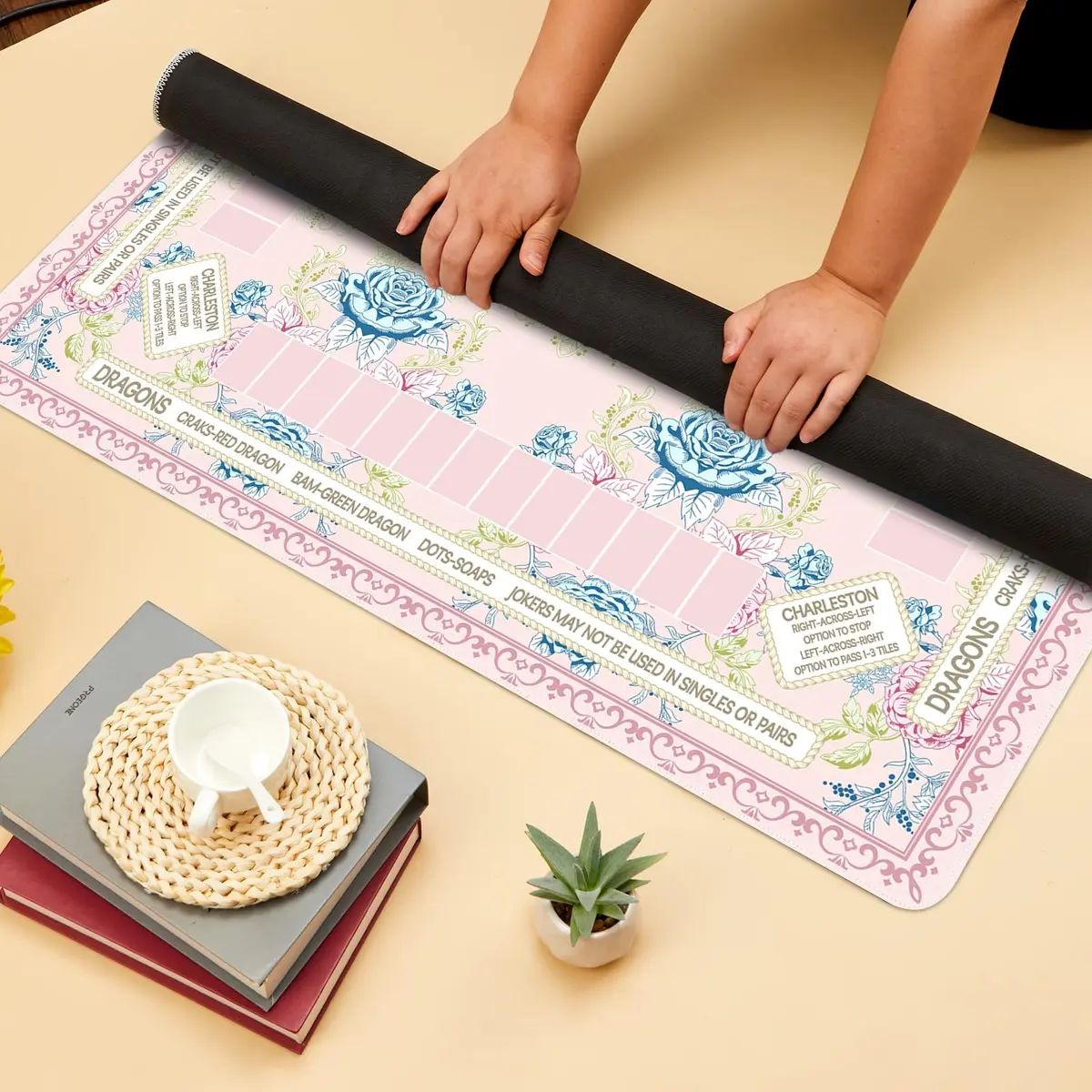 party greeting Chinoiserie Mahjong Mat with Black Carrying Bag 31.5 x 31.5 in | Multi Purpose Game Table Cover - view 4