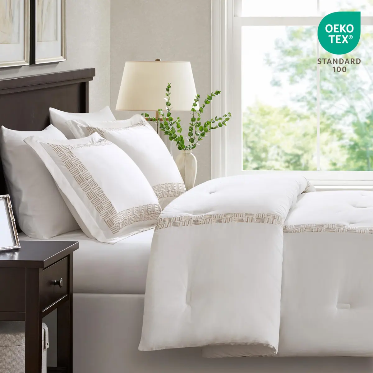 Harbor House Cotton Comforter Set White with Gold Greek Fret Embroidery King | Hotel-Style 300TC Cotton Bedding - view 7
