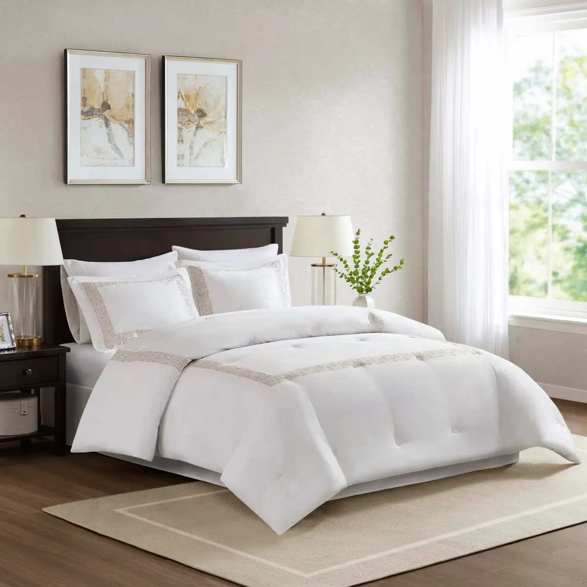 Harbor House Cotton Comforter Set White with Gold Greek Fret Embroidery King | Hotel-Style 300TC Cotton Bedding - view 9