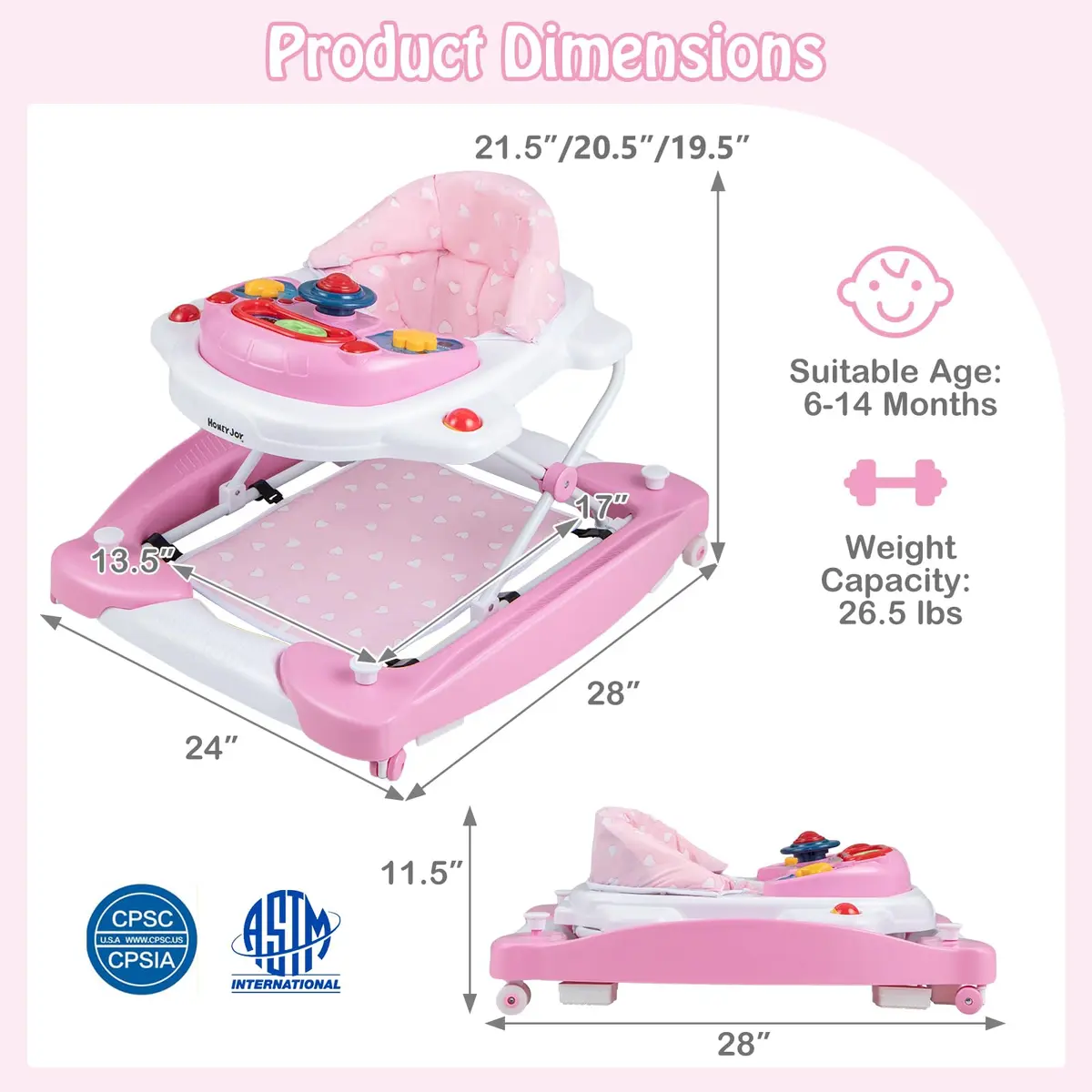 HONEY JOY Baby Walker 6-in-1 Foldable Infant Activity Walker with Wheels, Adjustable Heights, Music & Lights, for 7-14 Months - view 8
