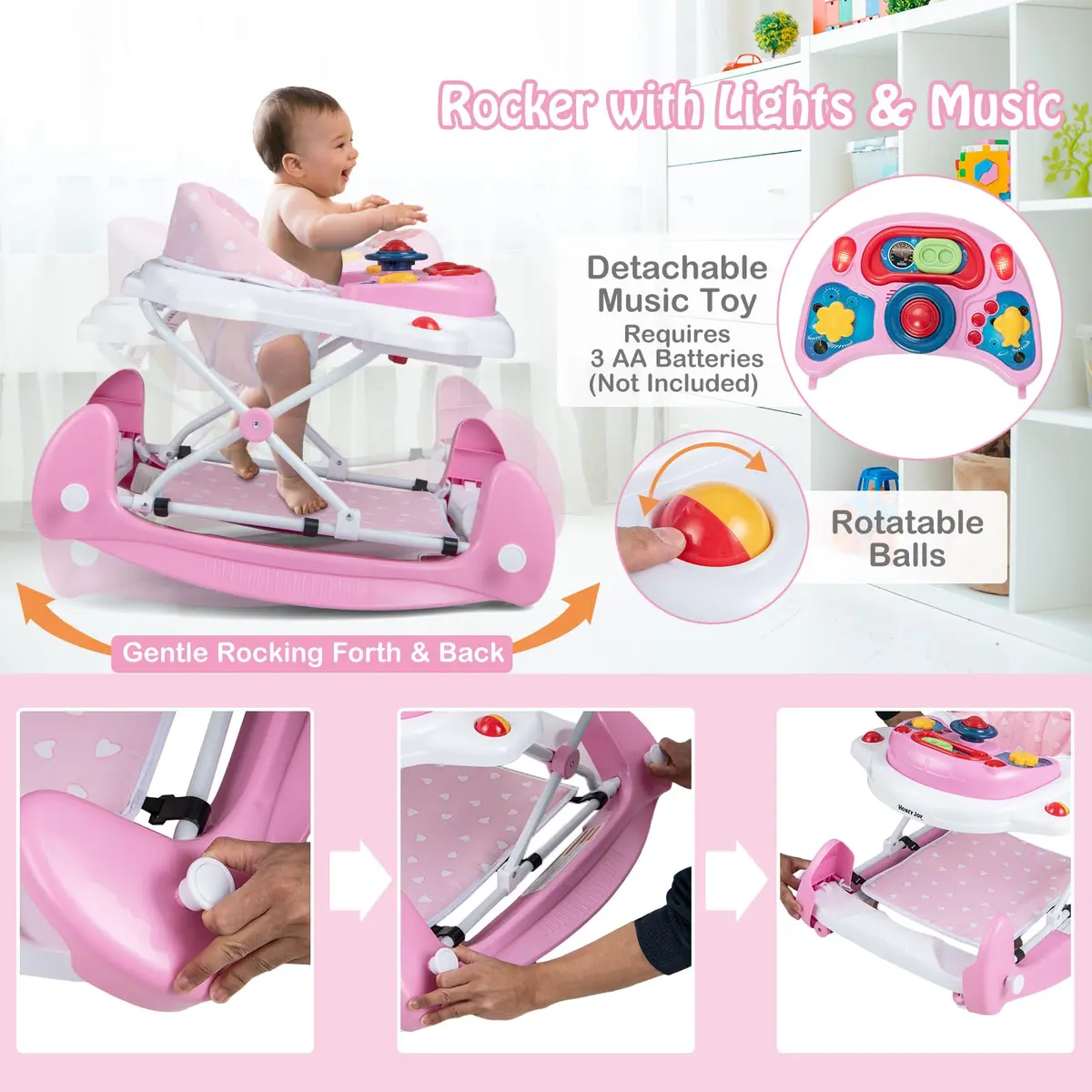 HONEY JOY Baby Walker 6-in-1 Foldable Infant Activity Walker with Wheels, Adjustable Heights, Music & Lights, for 7-14 Months - view 3