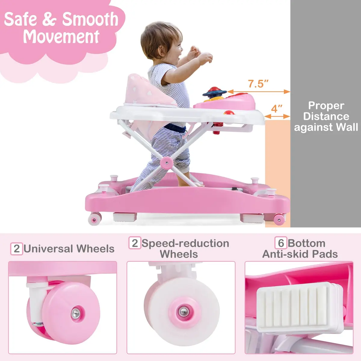HONEY JOY Baby Walker 6-in-1 Foldable Infant Activity Walker with Wheels, Adjustable Heights, Music & Lights, for 7-14 Months - view 4