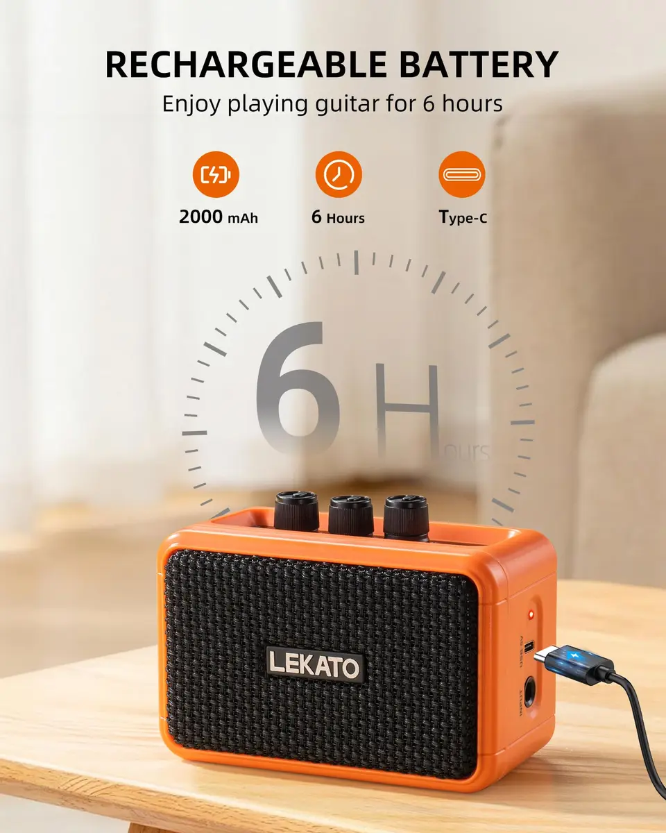 LEKATO AG-04 Mini Guitar Amplifier 5W (Orange) | Portable Bluetooth Amp for Practice & Travel - view 3