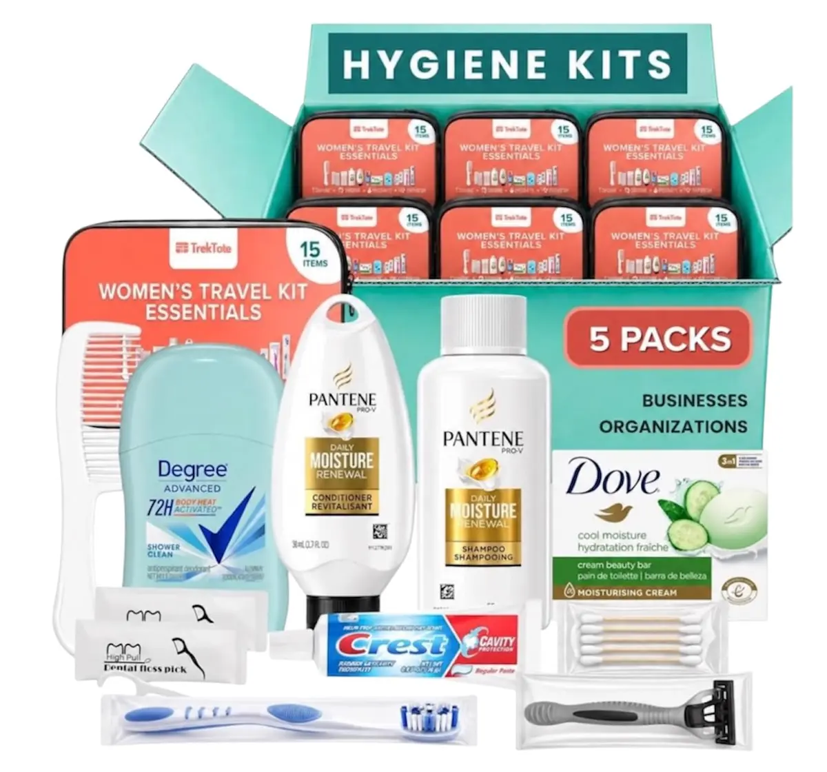 TREKTOTE Hygiene Kits Bulk 5 Pack | Women's Travel Size Toiletries for Care Packages - main product image