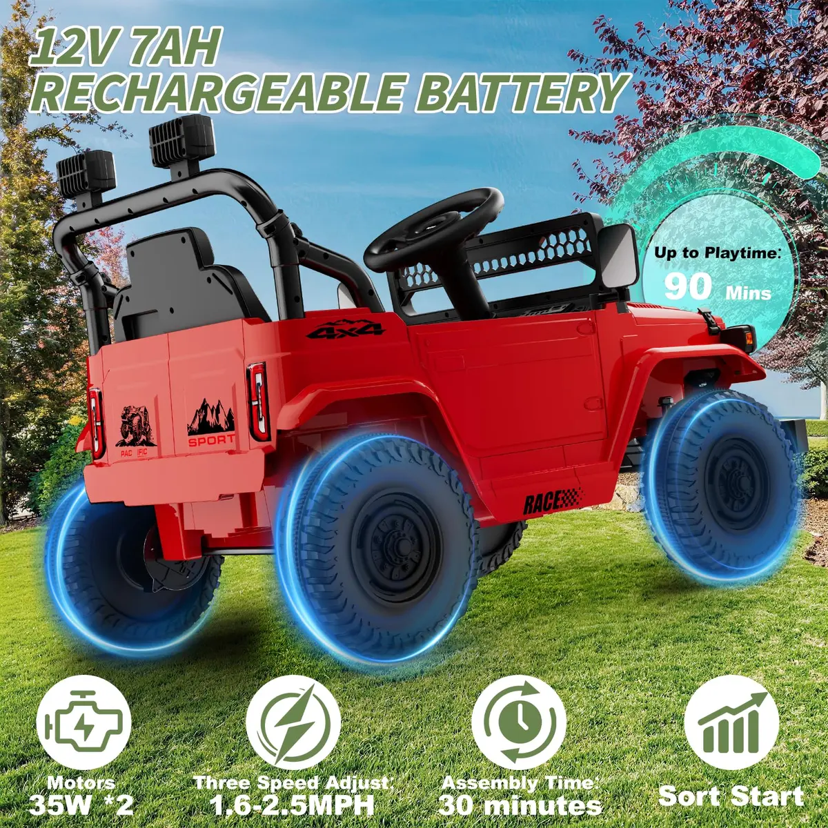 YunTopKids Kid Car 12V Ride On Toy with Remote Control, Red | 7Ah Battery, All-Terrain, Indoor & Outdoor - view 3