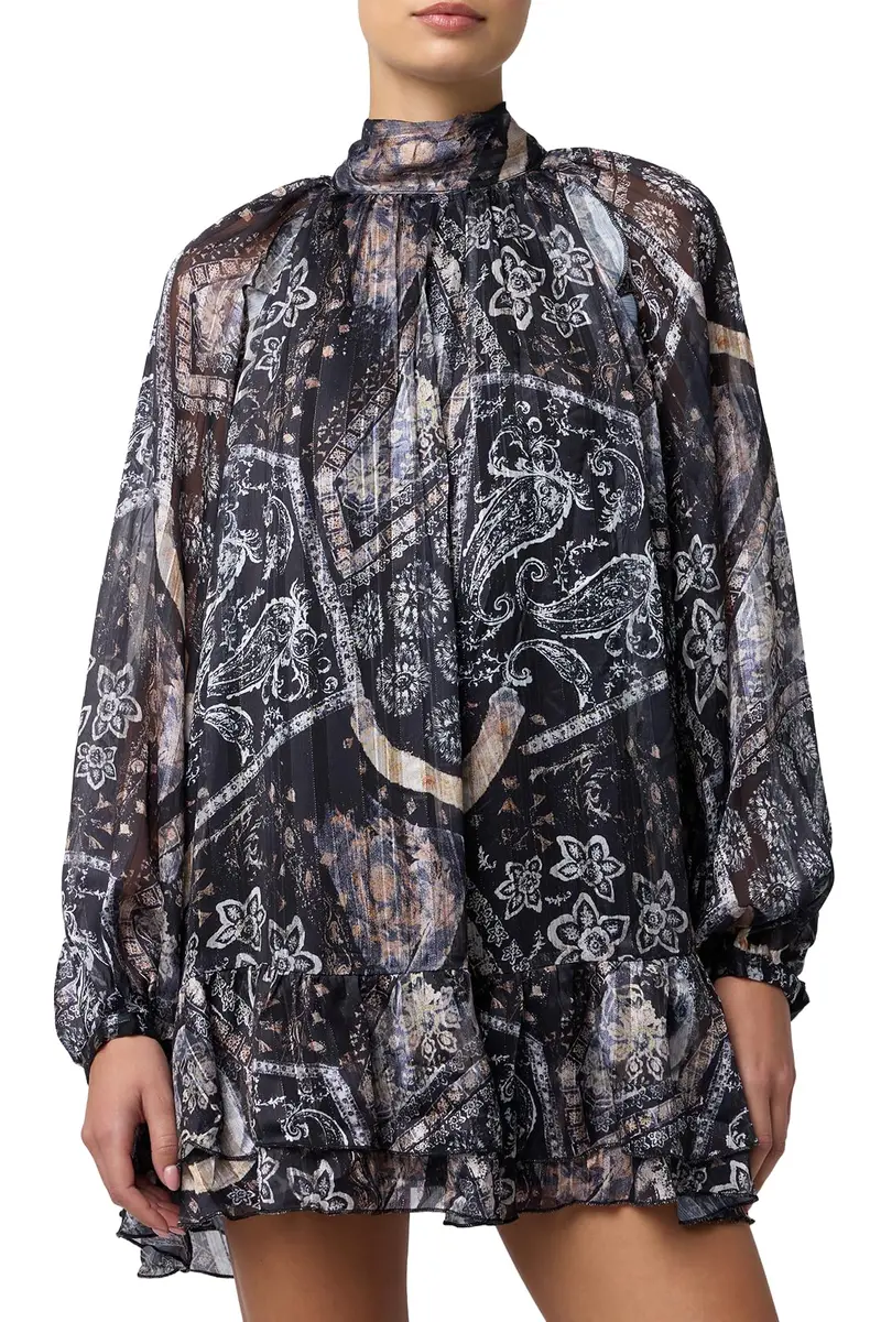 Lulus Casey Mock Neck Floral Mini Dress, Black Floral, Extra Small | Boho-Chic, Flowy & Versatile for Women - main product image