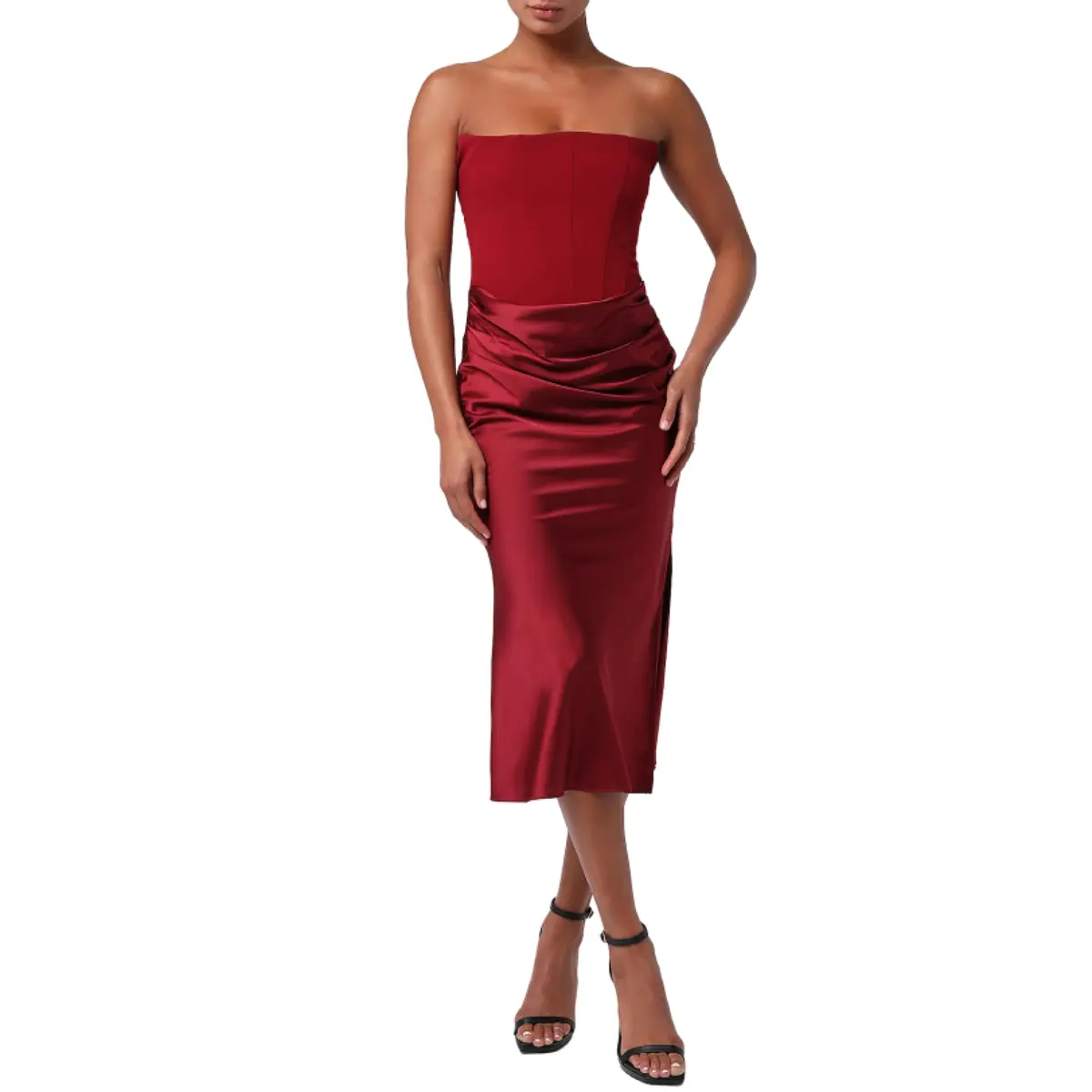 Lulus Tarni Drape Front Women's Cocktail Midi Dress, Chianti, Medium | Elegant Satin, Supportive Corset, Modern Slit - main product image