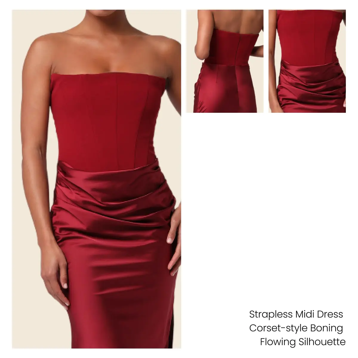 Lulus Tarni Drape Front Women's Cocktail Midi Dress, Chianti, Medium | Elegant Satin, Supportive Corset, Modern Slit - view 2