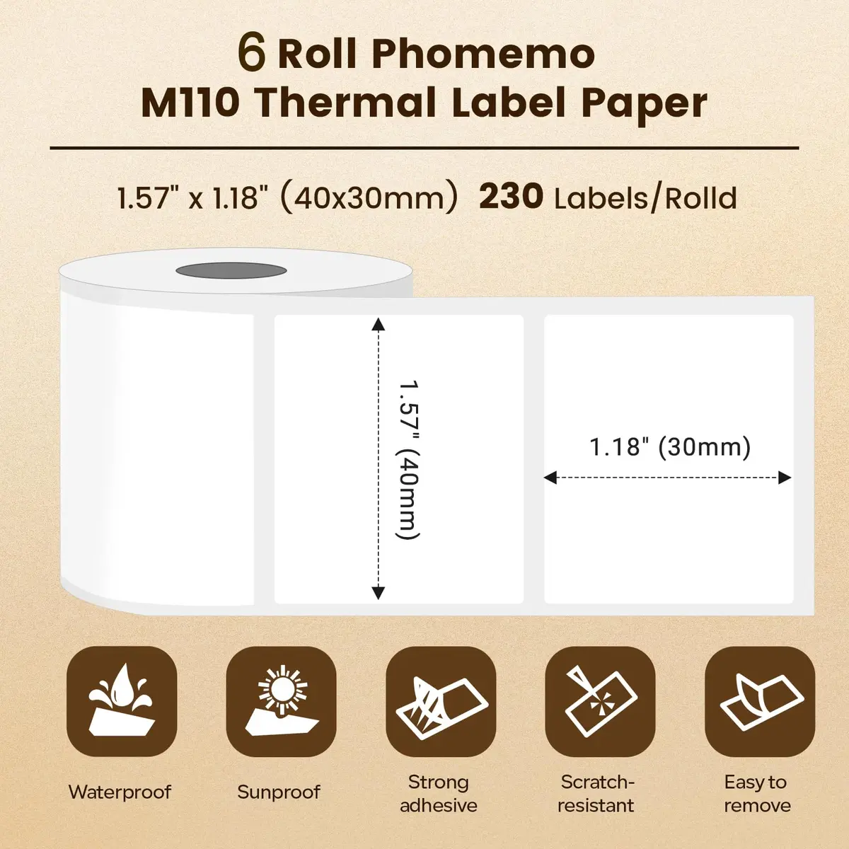 Phomemo M110 Thermal Labels 40x30mm (1.57"x1.18") Black on White, 6 Rolls | Professional Grade Labels for Small Business - view 6