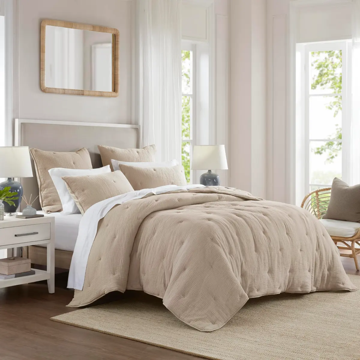 Harbor House Blue Cotton Muslin Quilt Set Taupe | Lightweight All-Season Comfort with OEKO-TEX Certified Fabric - view 9