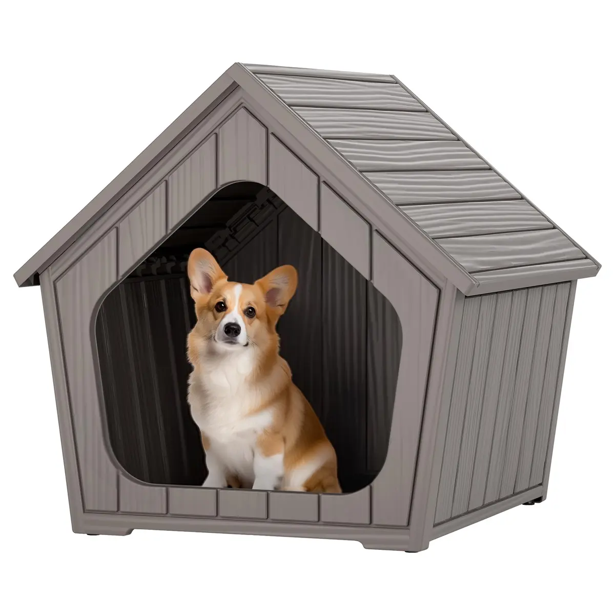 Fancyango Small Dog House Outdoor Indoor Waterproof Plastic with Elevated Floor, Easy Assembly (Grey, 23.5" L×22.5" W×22.2" H) - main product image