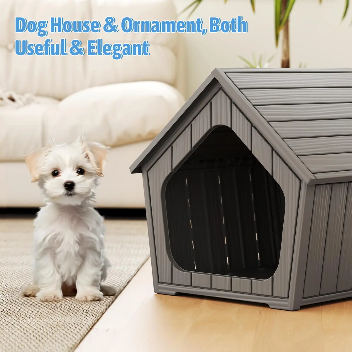 Fancyango Small Dog House Outdoor Indoor Waterproof Plastic with Elevated Floor, Easy Assembly (Grey, 23.5" L×22.5" W×22.2" H) - view 5