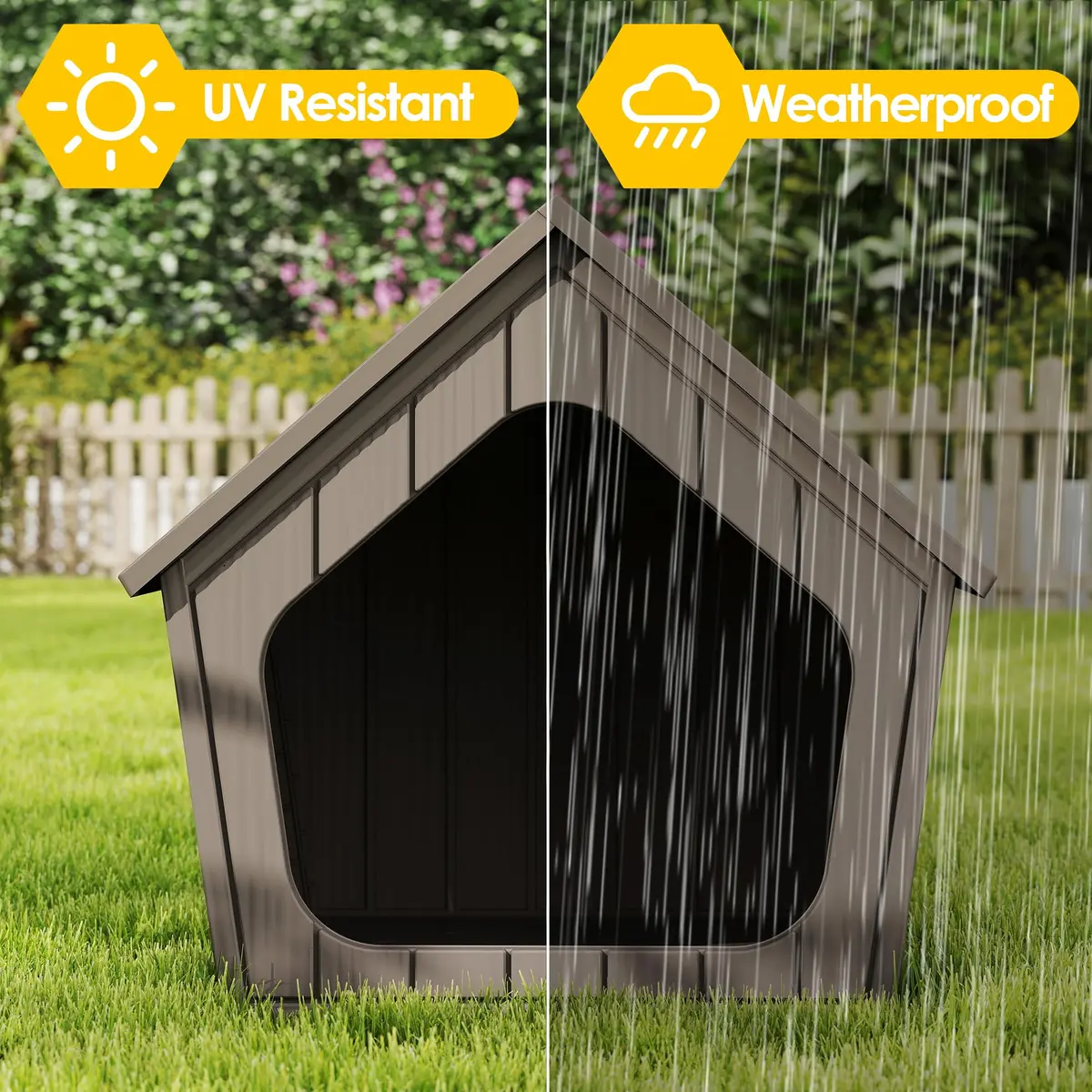 Fancyango Small Dog House Outdoor Indoor Waterproof Plastic with Elevated Floor, Easy Assembly (Grey, 23.5" L×22.5" W×22.2" H) - view 2