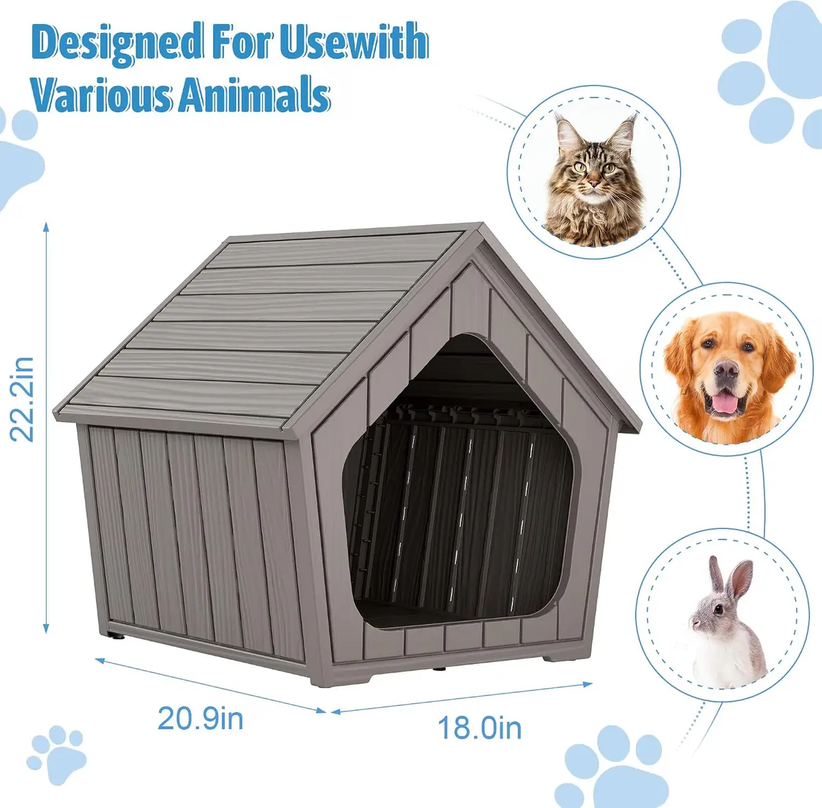 Fancyango Small Dog House Outdoor Indoor Waterproof Plastic with Elevated Floor, Easy Assembly (Grey, 23.5" L×22.5" W×22.2" H) - view 3