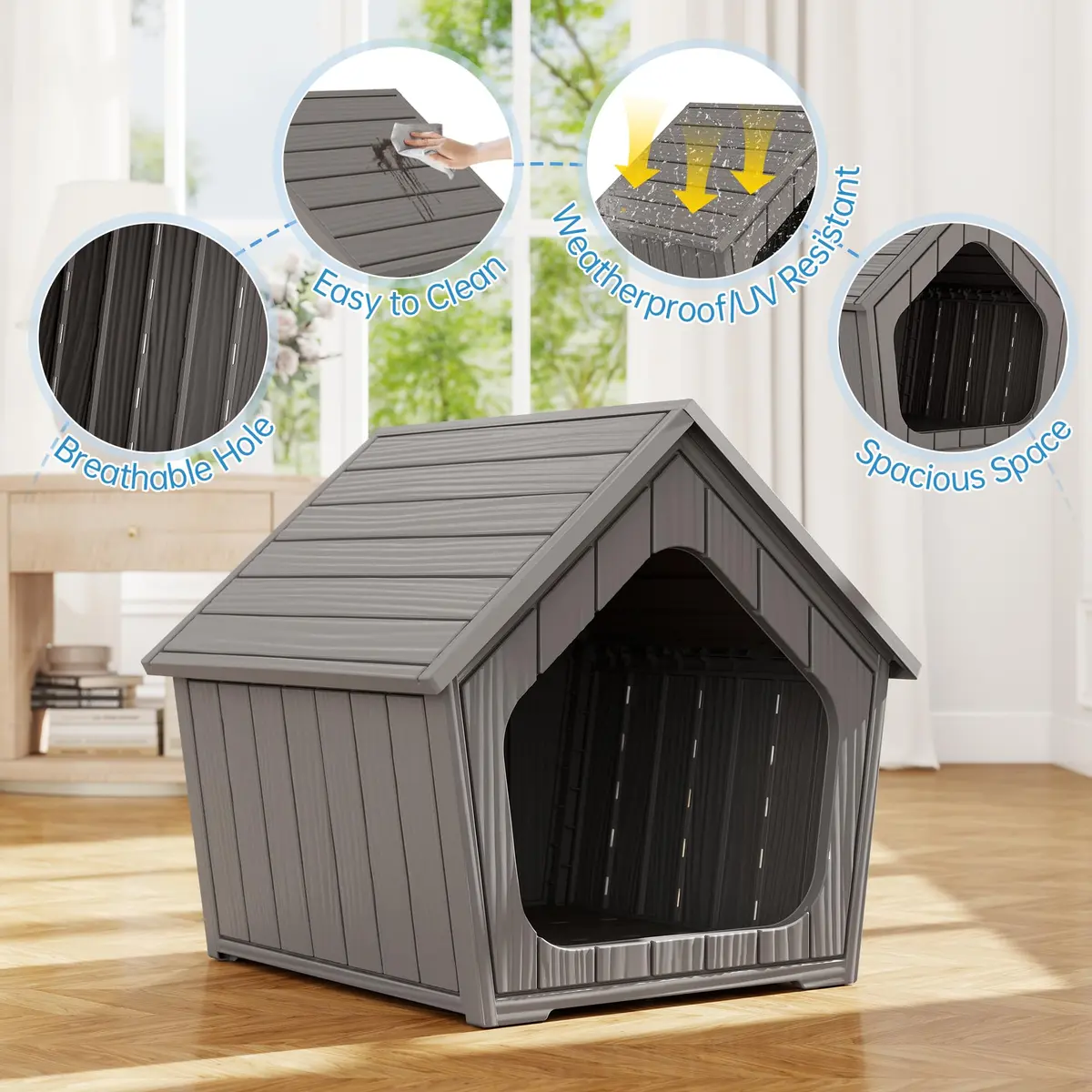 Fancyango Small Dog House Outdoor Indoor Waterproof Plastic with Elevated Floor, Easy Assembly (Grey, 23.5" L×22.5" W×22.2" H) - view 4