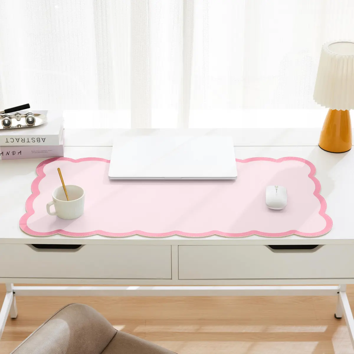 Ohocut Scalloped Desk Mat 31.5" x 15.7" | Pink PU Leather Large Desk Accessory - view 2