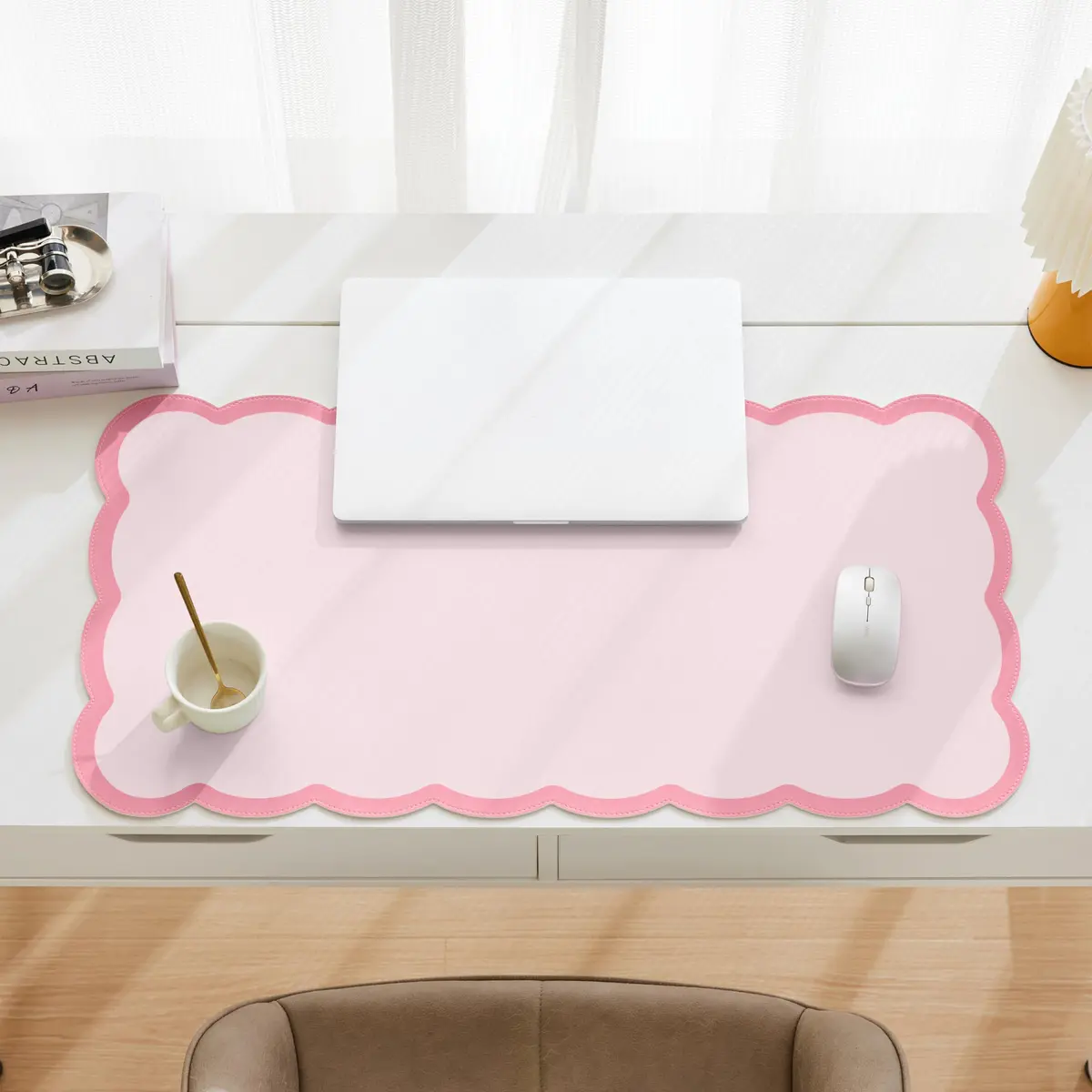 Ohocut Scalloped Desk Mat 31.5" x 15.7" | Pink PU Leather Large Desk Accessory - view 3