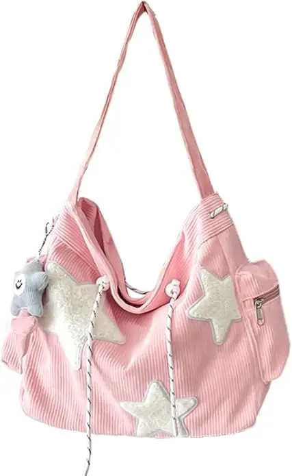 Tuobo Crossbody Bag for Women, Corduroy Y2K Aesthetic Shoulder Bag, Cute Messenger Tote (13.8"L x 11.8"H), Pink - main product image