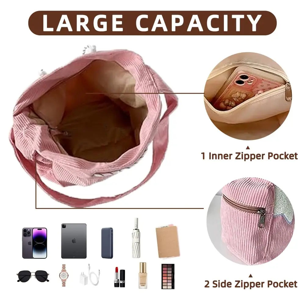 Tuobo Crossbody Bag for Women, Corduroy Y2K Aesthetic Shoulder Bag, Cute Messenger Tote (13.8"L x 11.8"H), Pink - view 6