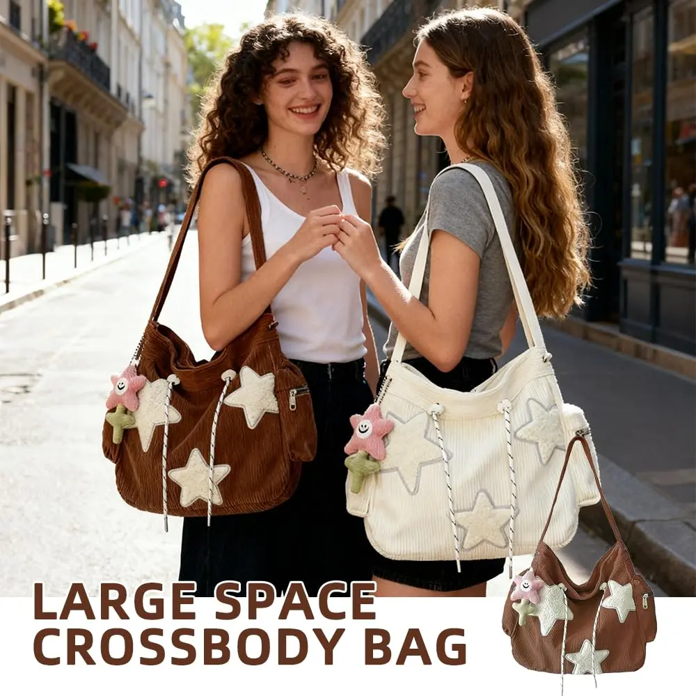 Tuobo Crossbody Bag for Women, Corduroy Y2K Aesthetic Shoulder Bag, Cute Messenger Tote (13.8"L x 11.8"H), Pink - view 3