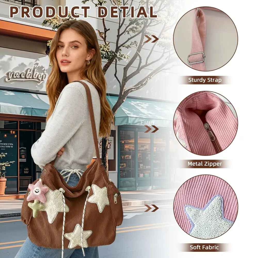 Tuobo Crossbody Bag for Women, Corduroy Y2K Aesthetic Shoulder Bag, Cute Messenger Tote (13.8"L x 11.8"H), Pink - view 4