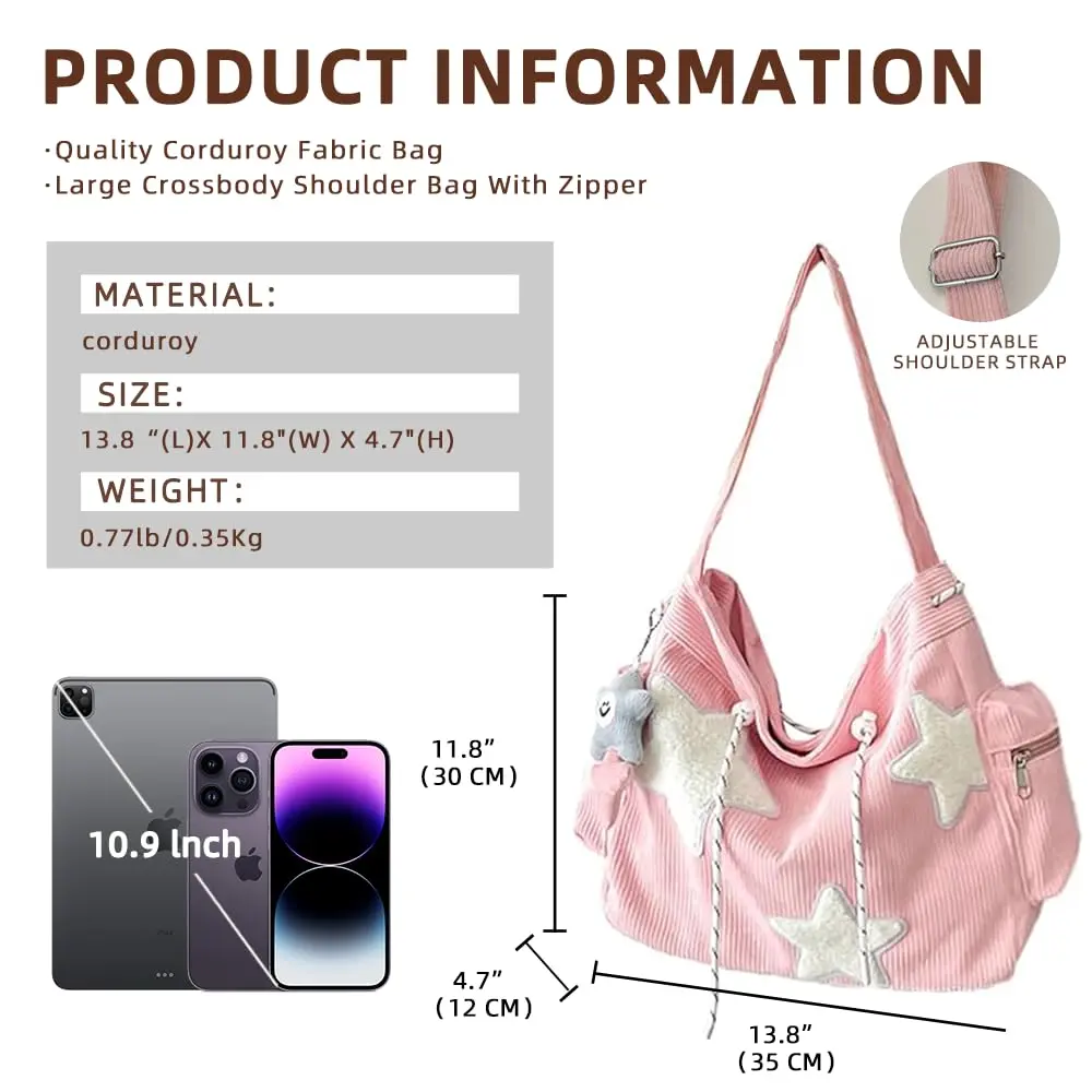 Tuobo Crossbody Bag for Women, Corduroy Y2K Aesthetic Shoulder Bag, Cute Messenger Tote (13.8"L x 11.8"H), Pink - view 5