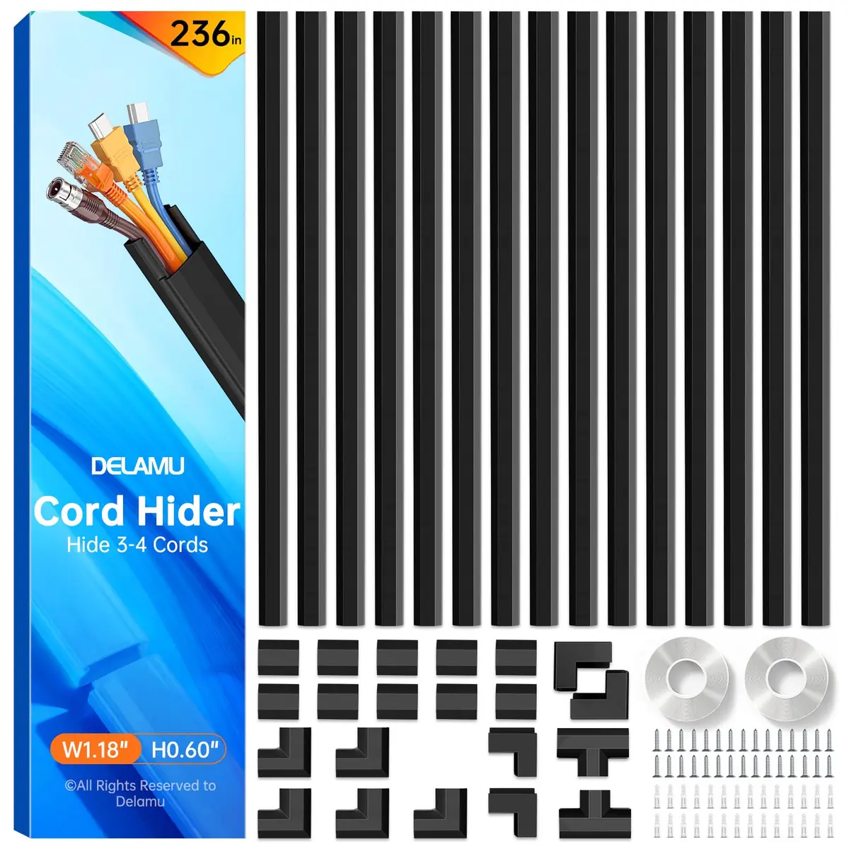 Delamu Black Cord Hider, 600cm (236in) Cable Raceway for 3-4 Wires on Wall | UL94 V-0 Rated Flame Retardant - main product image