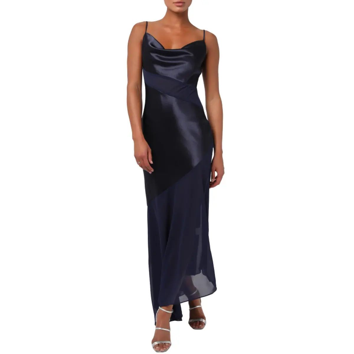 Lulus Lainey Cowl Neck Women's Maxi Dress, Navy, Large | Elegant Satin Gown for Wedding & Formal Events - main product image