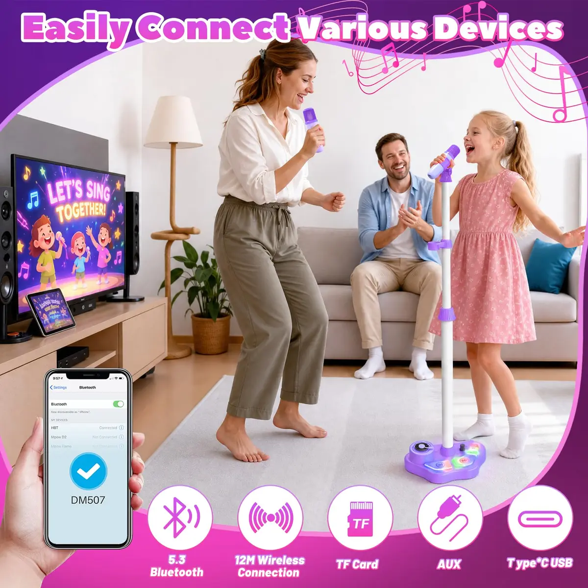 FunforFun! Kids Karaoke Machine with Wireless Mic & LED Lights | Rechargeable, Bluetooth, for Ages 3-8 - view 7