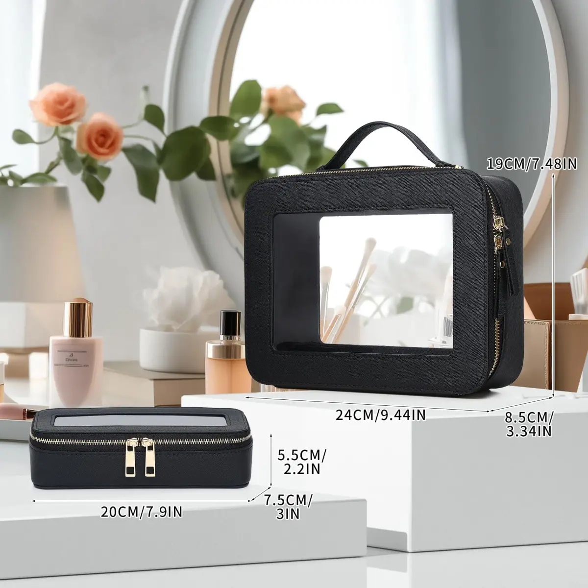 Pinkmik Clear Makeup Bag with Brush Bag, Black L+SLIM | TSA Approved Travel Toiletry Bag - view 4