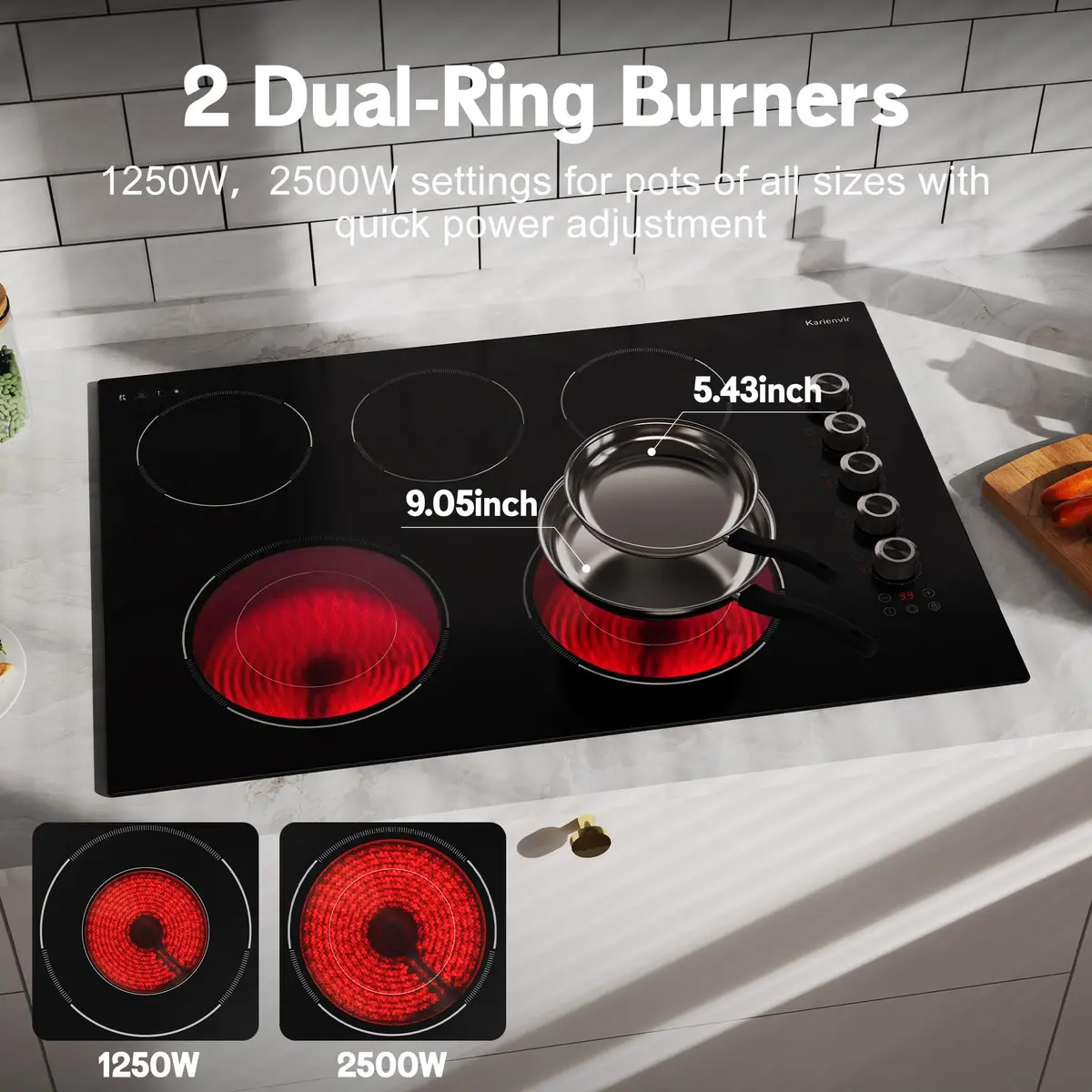 Karienvir 30 Inch Electric Cooktop 5 Burner 8600W Dual Ring Knob & Touch 76.2 cm (30 Inch) - view 5