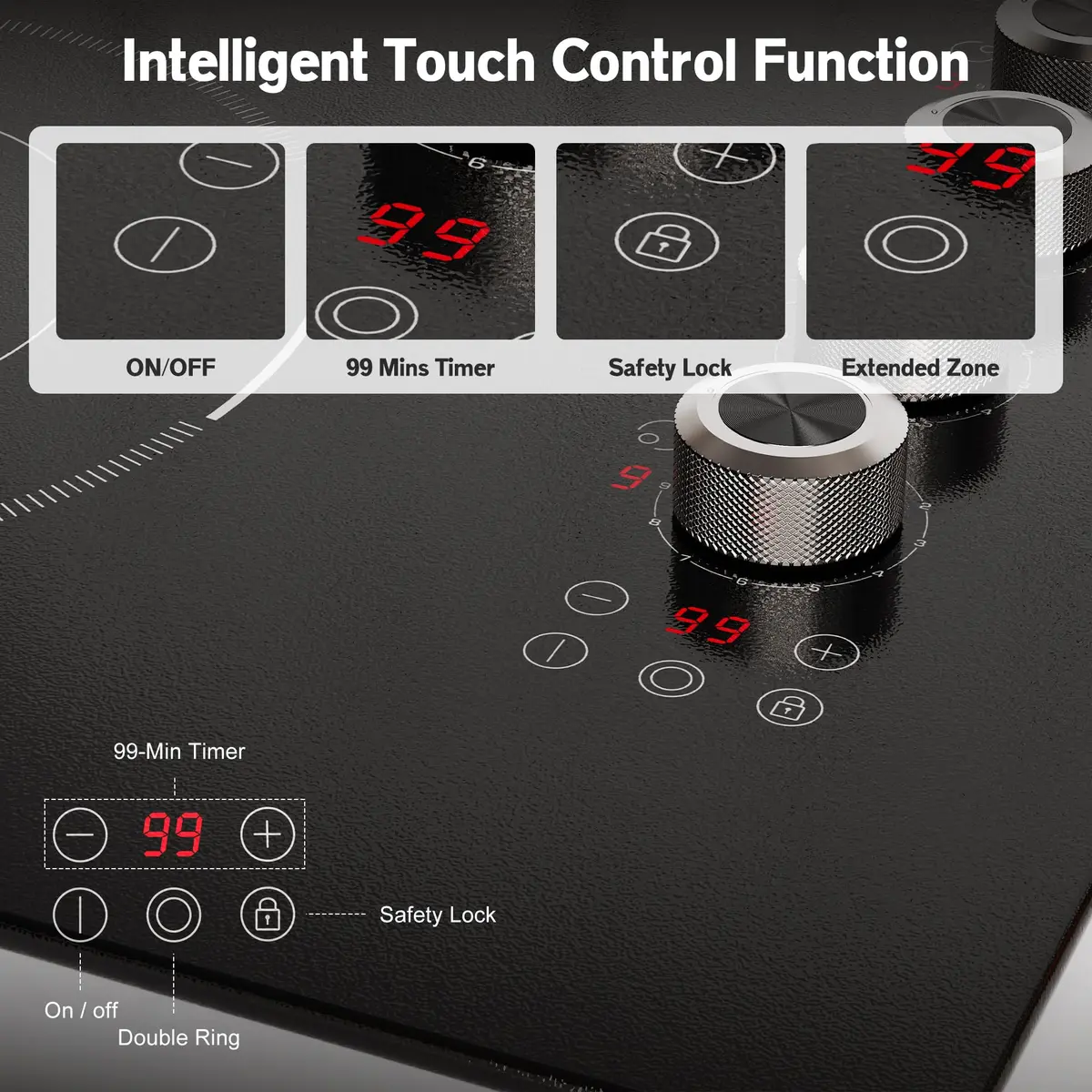 Karienvir 30 Inch Electric Cooktop 5 Burner 8600W Dual Ring Knob & Touch 76.2 cm (30 Inch) - view 6