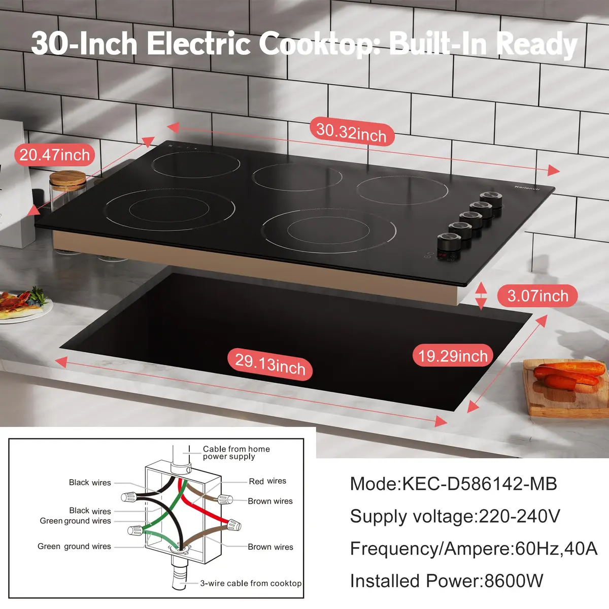 Karienvir 30 Inch Electric Cooktop 5 Burner 8600W Dual Ring Knob & Touch 76.2 cm (30 Inch) - view 8