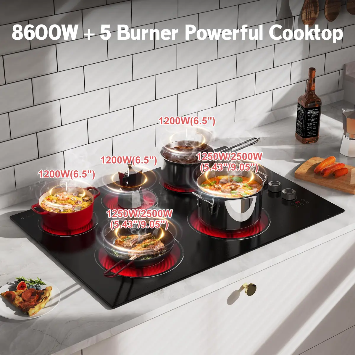Karienvir 30 Inch Electric Cooktop 5 Burner 8600W Dual Ring Knob & Touch 76.2 cm (30 Inch) - view 2