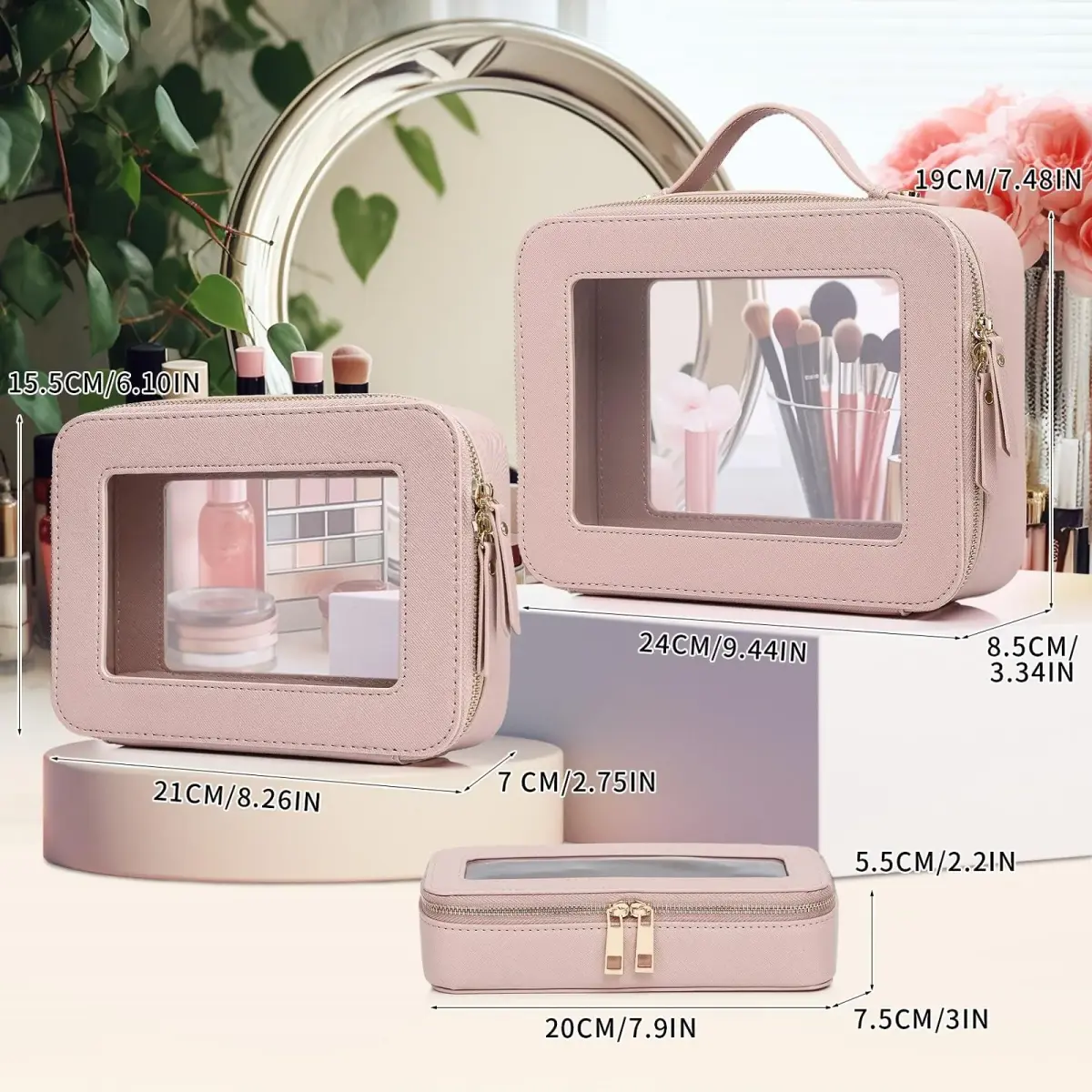 Pinkmik B5/Pink Clear Makeup Bag Set, L+M+SLIM (3-Piece) | TSA Approved Travel Cosmetic Case - view 2