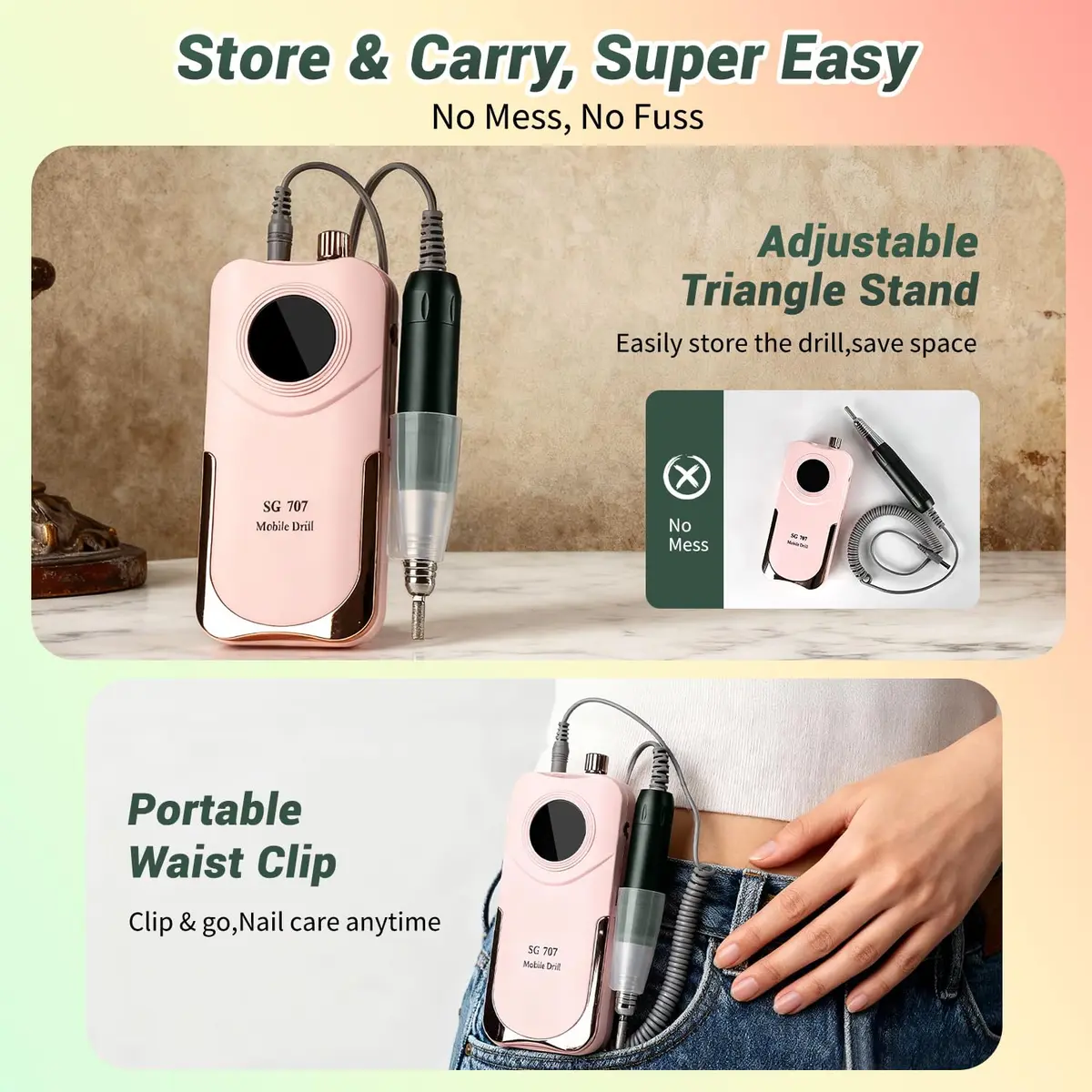 JEWHITENY Professional Rechargeable Nail Drill 35000 RPM SG707 Pink | Multi-functional Electric Nail File for Acrylics & Gels - view 6