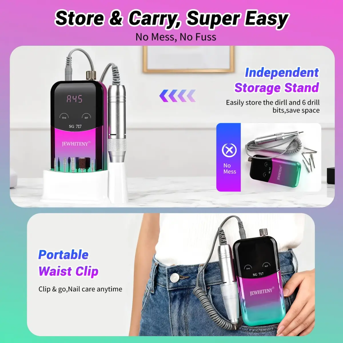 JEWHITENY SG717 Portable Nail Drill 45000RPM | Professional Rechargeable E-File Machine for Acrylic Gel Nails - view 6