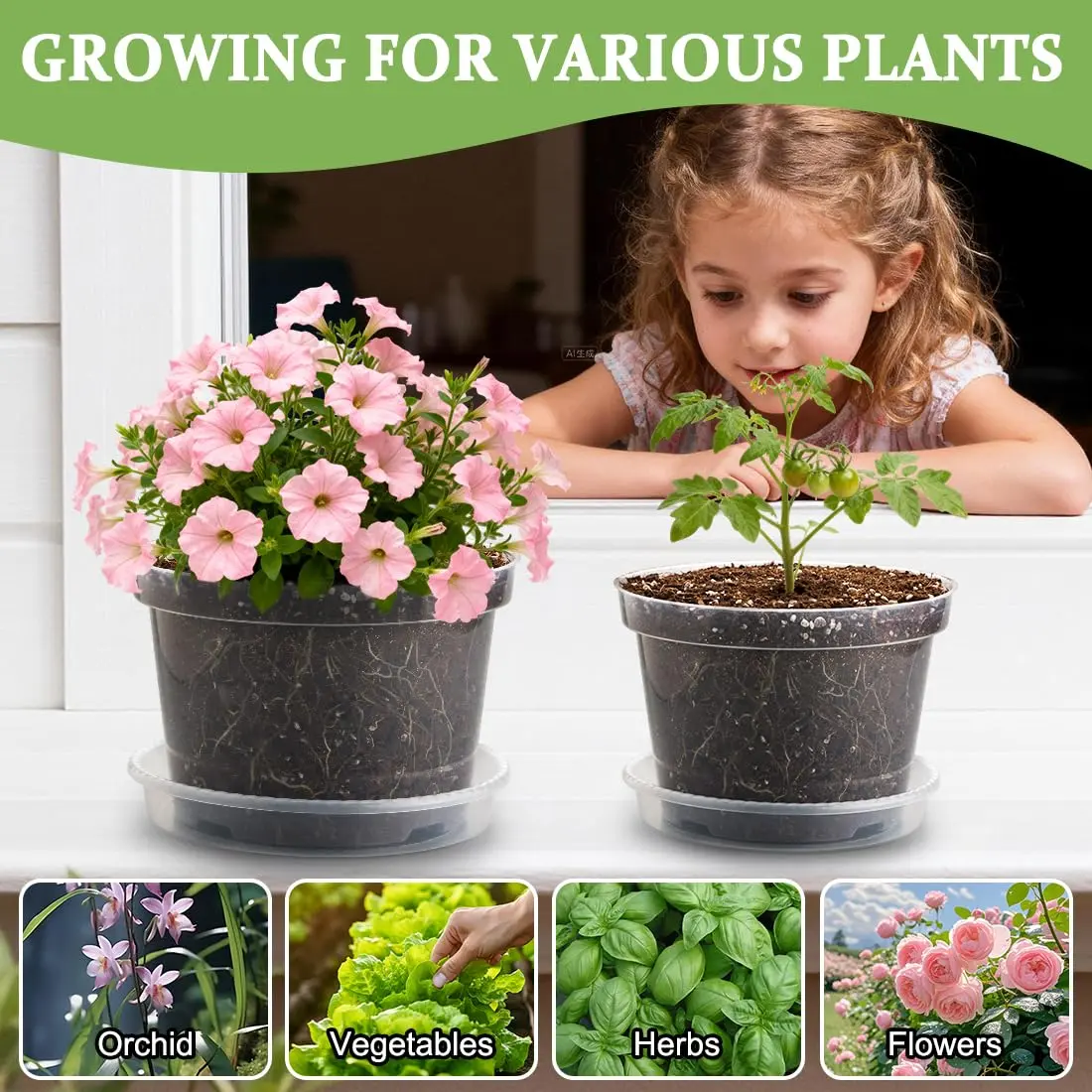 RooTrimmer Clear 8 Inch Plant Pots with Saucers (12 Pack) | Transparent Plastic Nursery Pots with Drainage Hole - view 6