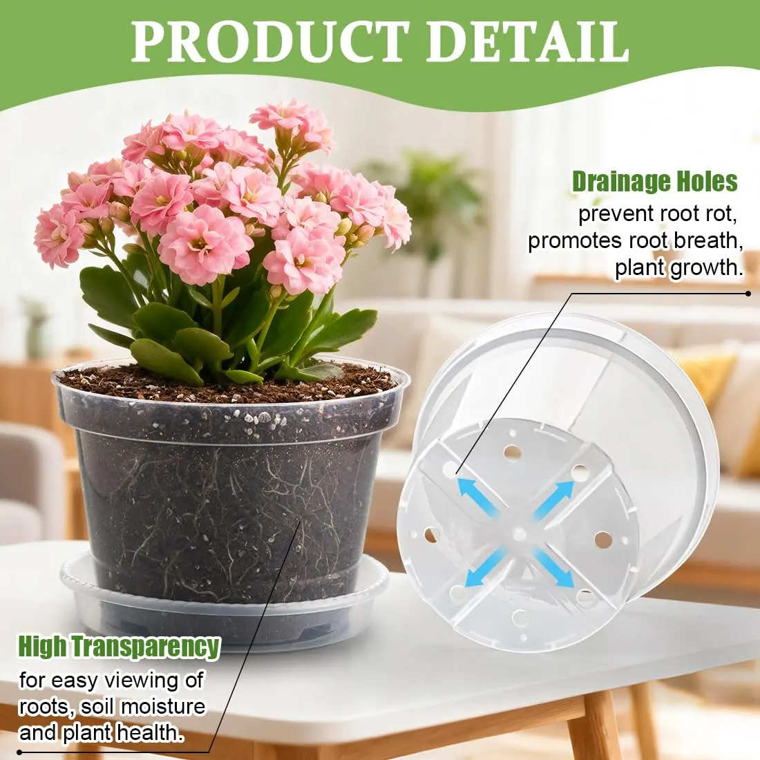 RooTrimmer Clear 8 Inch Plant Pots with Saucers (12 Pack) | Transparent Plastic Nursery Pots with Drainage Hole - view 3