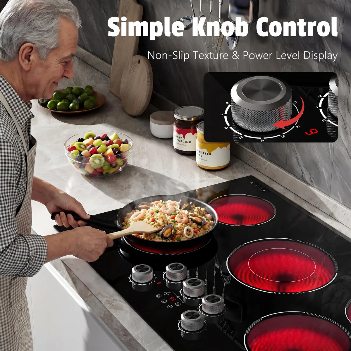 Karienvir 30 Inch 5 Burner Electric Cooktop 8500W | 220V Compatible Built-In Glass Ceramic Cooktop with Dual-Ring Burner & Safety Lock - view 4