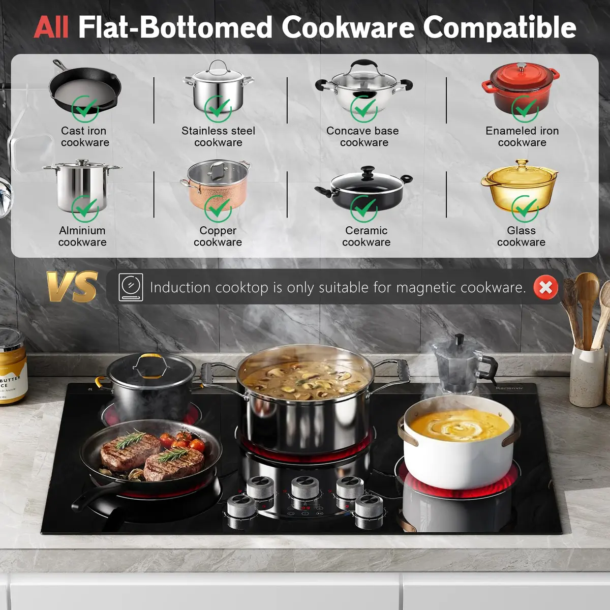 Karienvir 30 Inch 5 Burner Electric Cooktop 8500W | 220V Compatible Built-In Glass Ceramic Cooktop with Dual-Ring Burner & Safety Lock - view 6