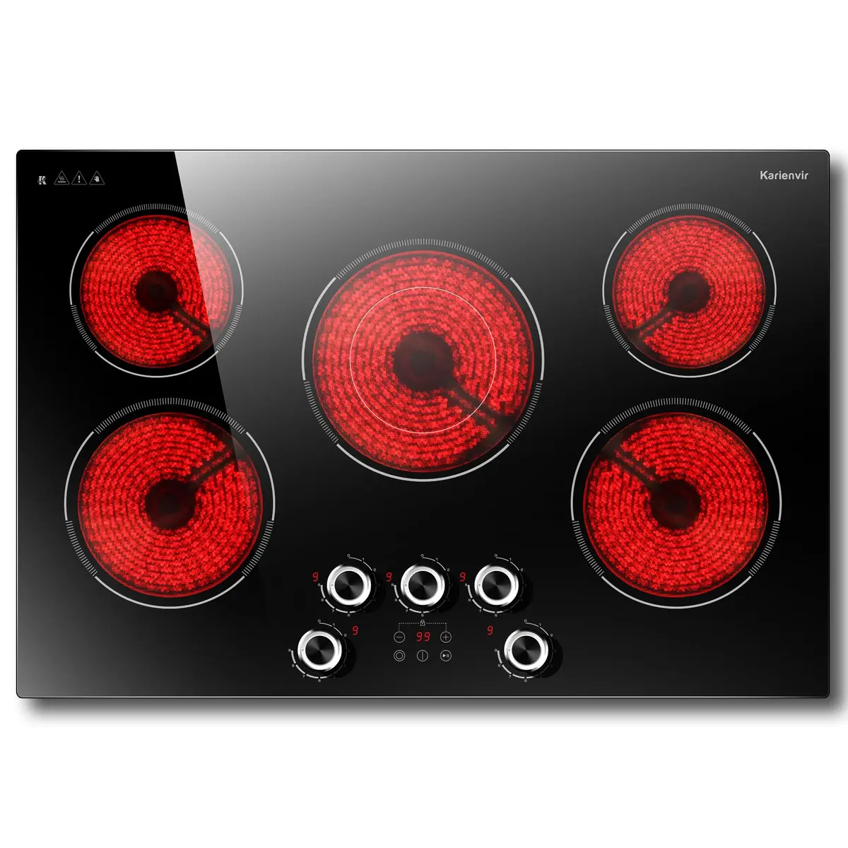 Karienvir 30 Inch 5 Burner Electric Cooktop 8500W | 220V Compatible Built-In Glass Ceramic Cooktop with Dual-Ring Burner & Safety Lock - main product image