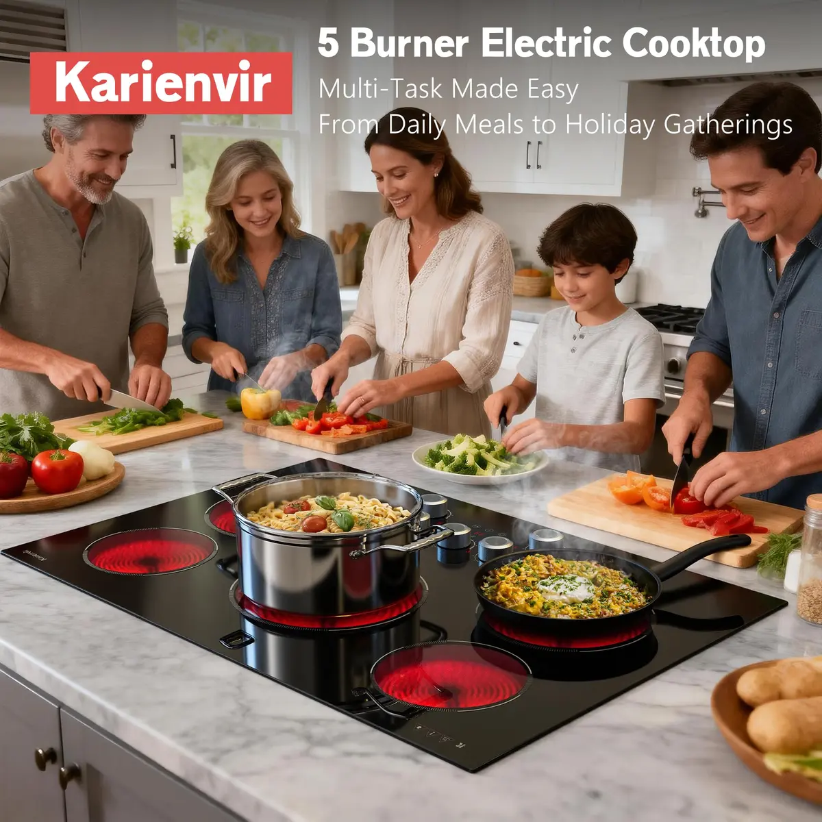 Karienvir 30 Inch 5 Burner Electric Cooktop 8500W | 220V Compatible Built-In Glass Ceramic Cooktop with Dual-Ring Burner & Safety Lock - view 7